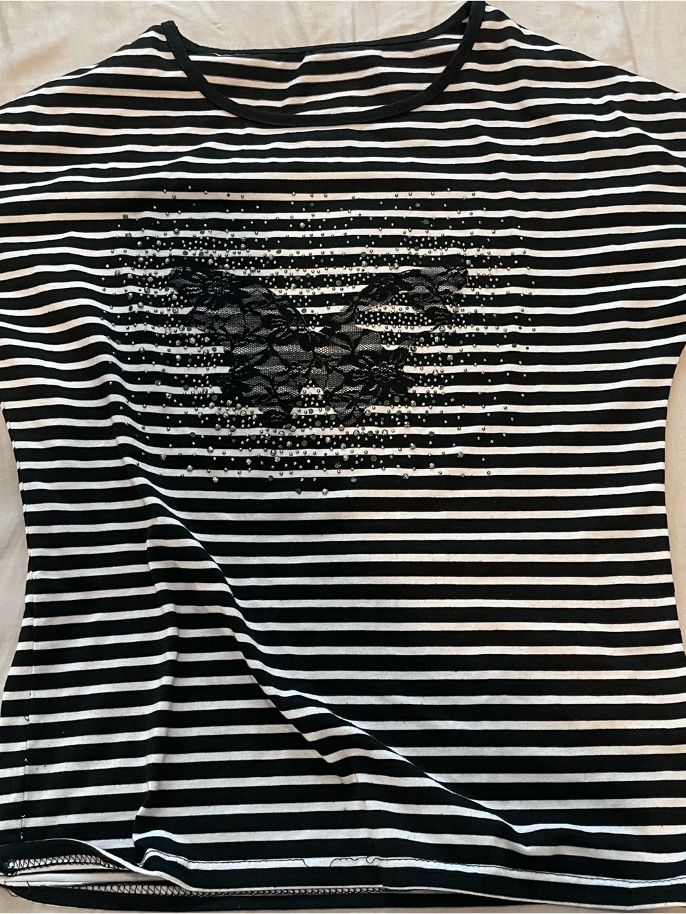 Black & White Striped Women's Tee with Lace Butterfly Detail
